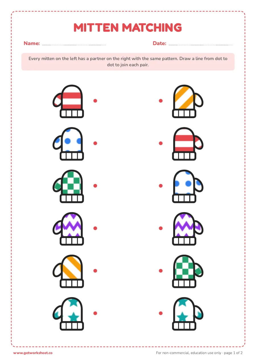 Mitten matching Mitten matching – free printable PDF worksheet, page 1 preview (8 free winter worksheets for preschool and kindergarten)