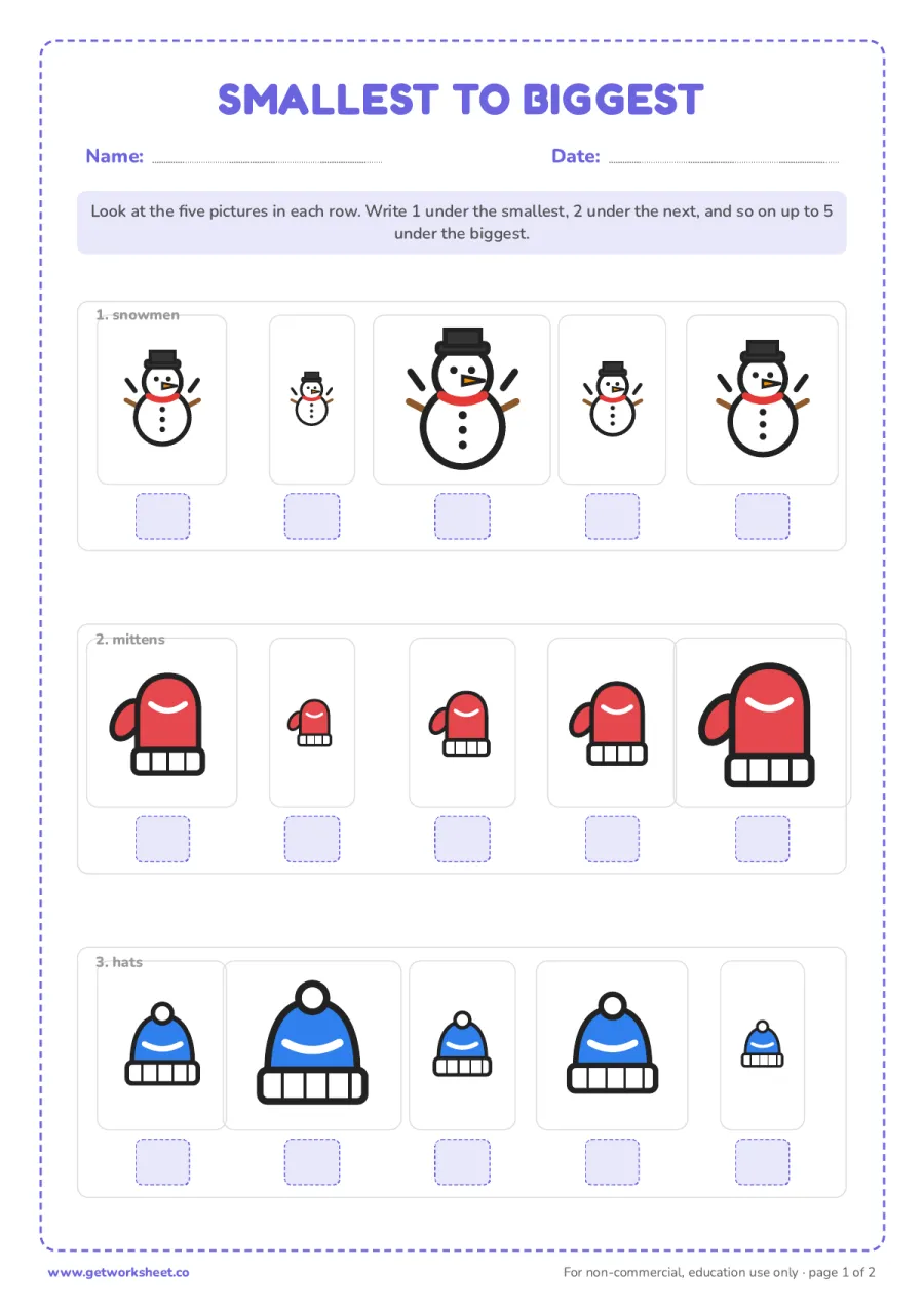 Snowman size order Snowman size order – free printable PDF worksheet, page 1 preview (8 free winter worksheets for preschool and kindergarten)