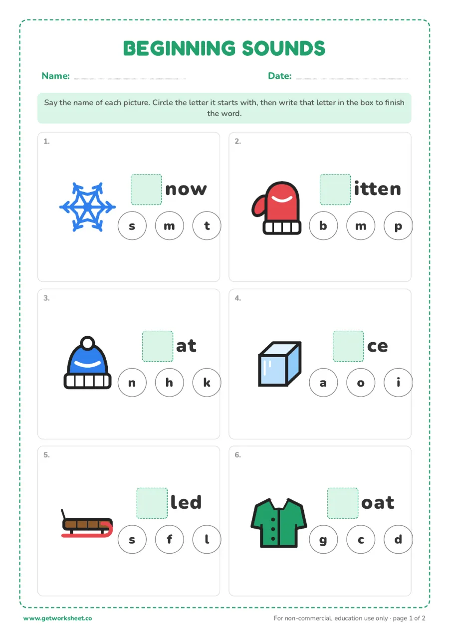Winter beginning sounds Winter beginning sounds – free printable PDF worksheet, page 1 preview (8 free winter worksheets for preschool and kindergarten)