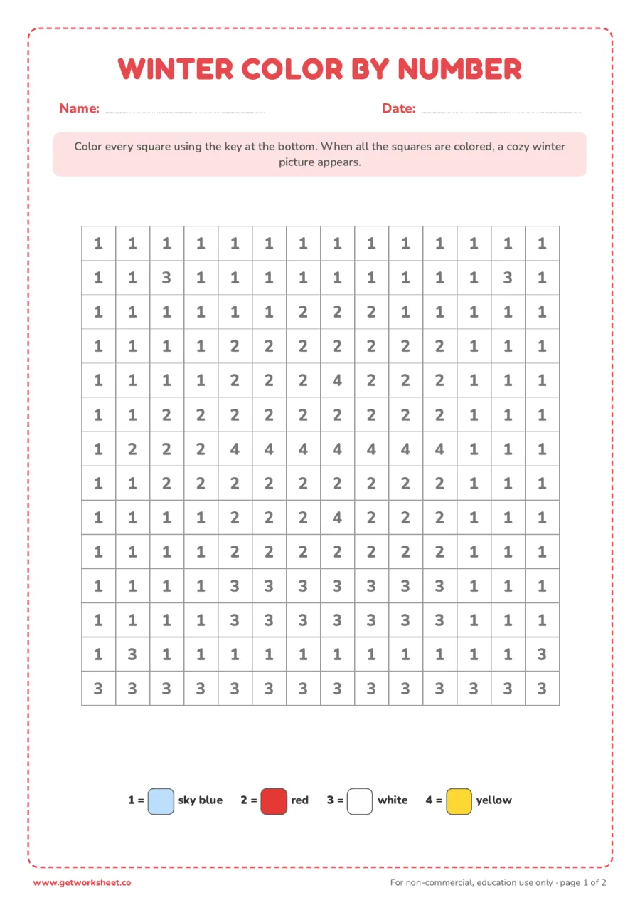 Winter color by number: mitten Winter color by number: mitten – free printable PDF worksheet, page 1 preview (8 free winter worksheets for preschool and kindergarten)
