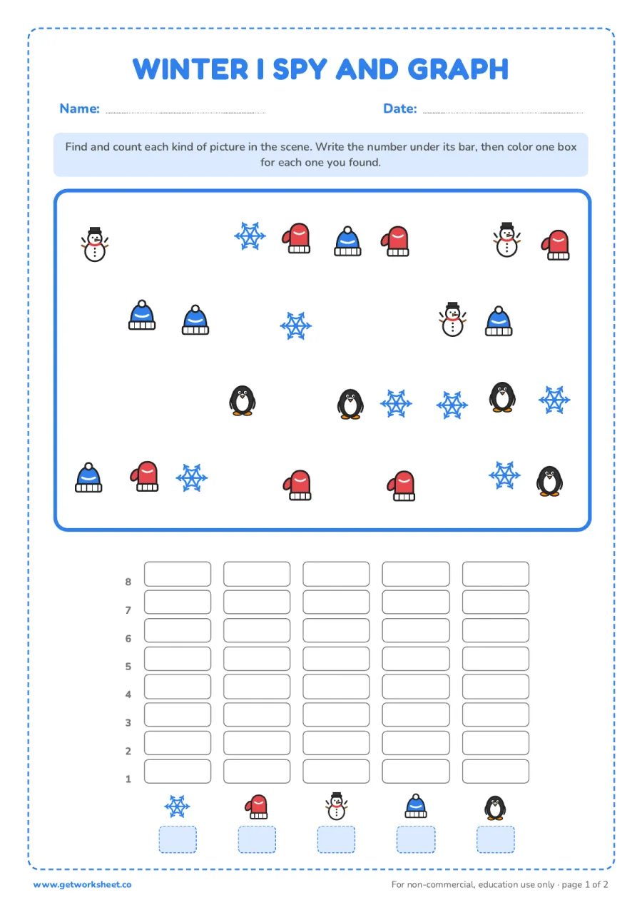 Winter I-spy count and graph Winter I-spy count and graph – free printable PDF worksheet, page 1 preview (8 free winter worksheets for preschool and kindergarten)