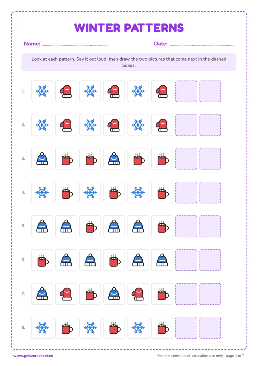 Winter patterns Winter patterns – free printable PDF worksheet, page 1 preview (8 free winter worksheets for preschool and kindergarten)