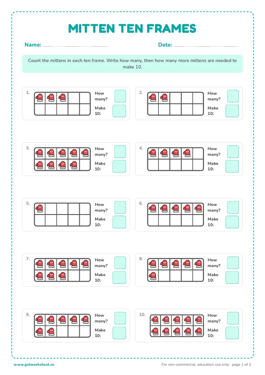 Winter ten frames Winter ten frames – free printable PDF worksheet, page 1 preview (8 free winter worksheets for preschool and kindergarten)