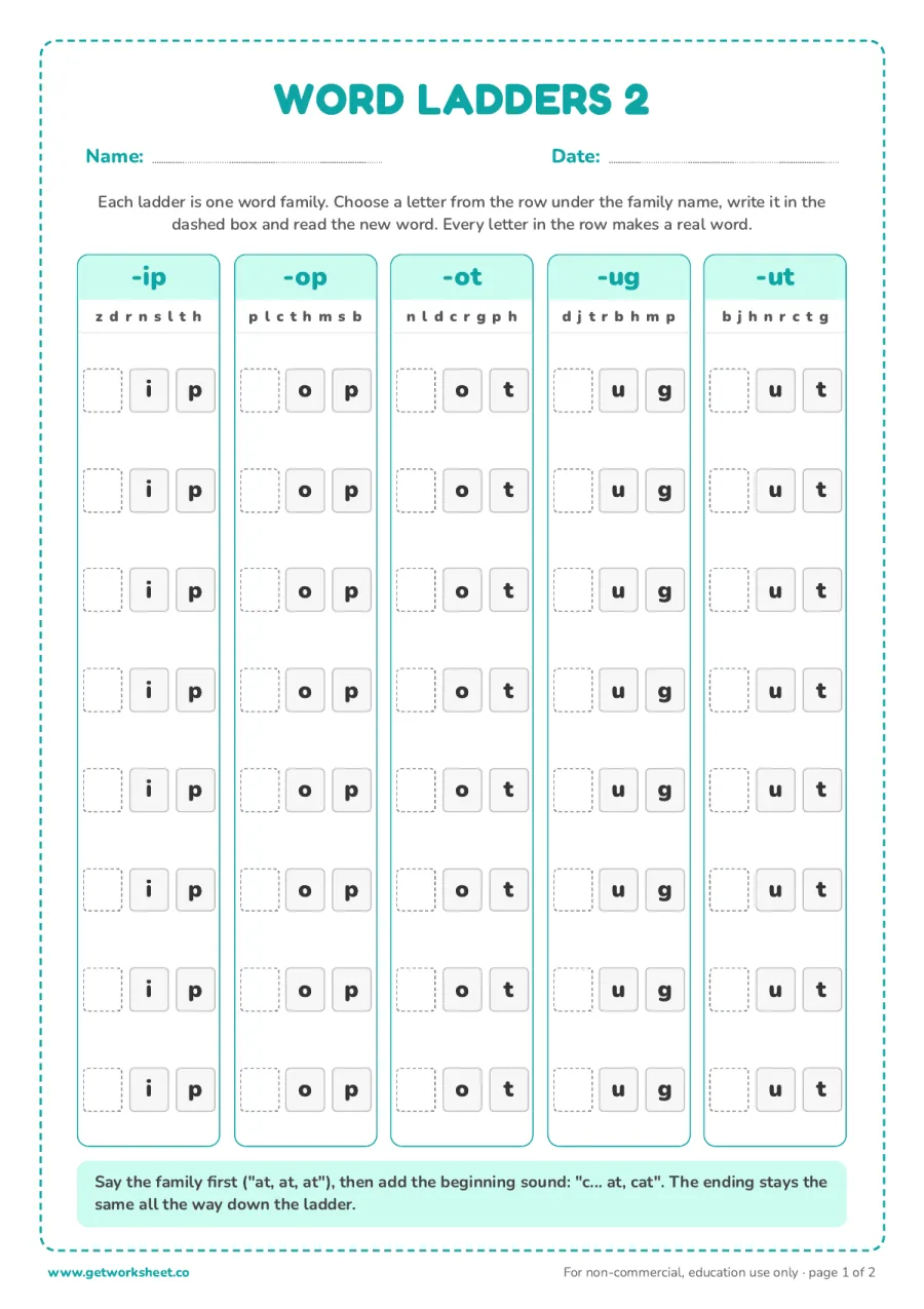 Word ladders 2: -ip, -op, -ot, -ug, -ut Word ladders 2: -ip, -op, -ot, -ug, -ut – free printable PDF worksheet, page 1 preview (8 free word families worksheets)