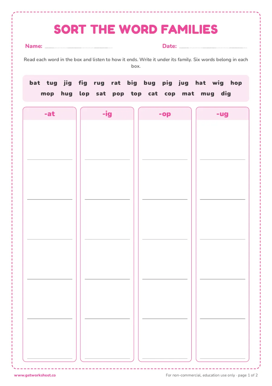 Sort 24 words into four families Sort 24 words into four families – free printable PDF worksheet, page 1 preview (8 free word families worksheets)