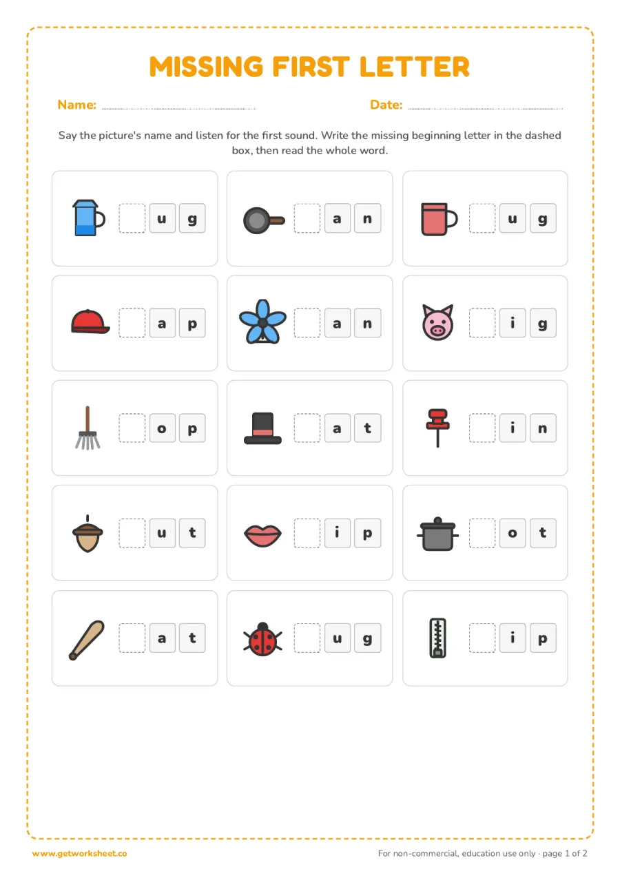 Missing first letter: 15 pictures Missing first letter: 15 pictures – free printable PDF worksheet, page 1 preview (8 free word families worksheets)