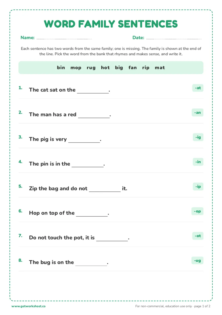 Word family sentences Word family sentences – free printable PDF worksheet, page 1 preview (8 free word families worksheets)