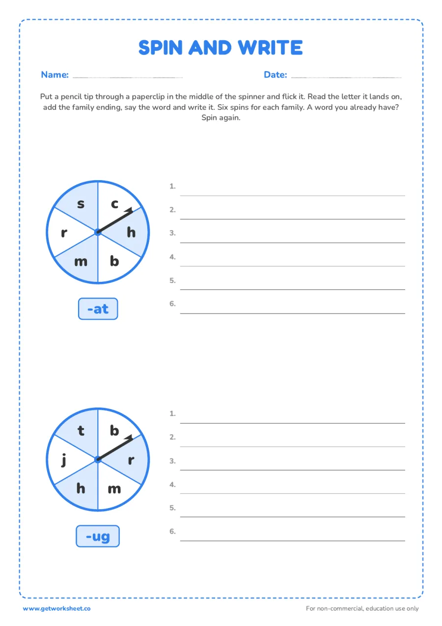 Spin and write: -at and -ug Spin and write: -at and -ug – free printable PDF worksheet, page 1 preview (8 free word families worksheets)