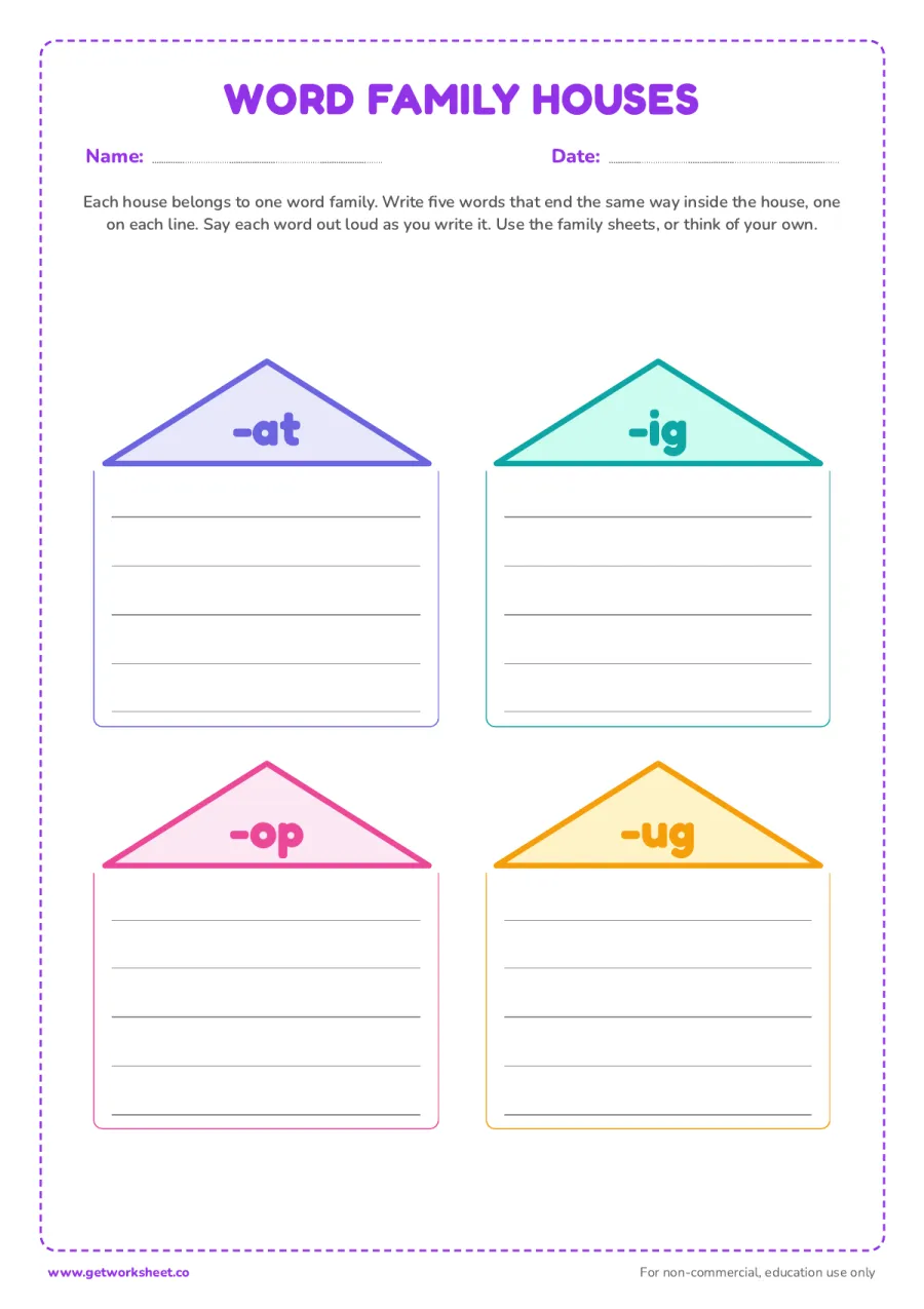 Word family houses Word family houses – free printable PDF worksheet, page 1 preview (8 free word families worksheets)