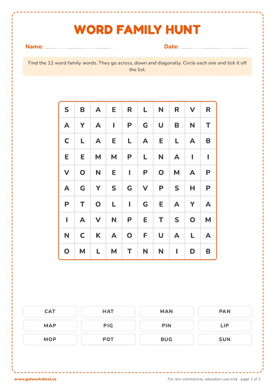 Word family word hunt Word family word hunt – free printable PDF worksheet, page 1 preview (8 free word families worksheets)