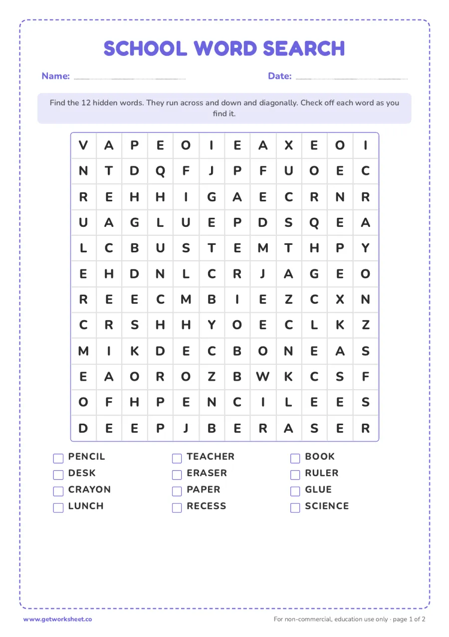 School word search (12 x 12, 12 words) – free printable PDF worksheet, page 1 preview (8 free word search printables)
