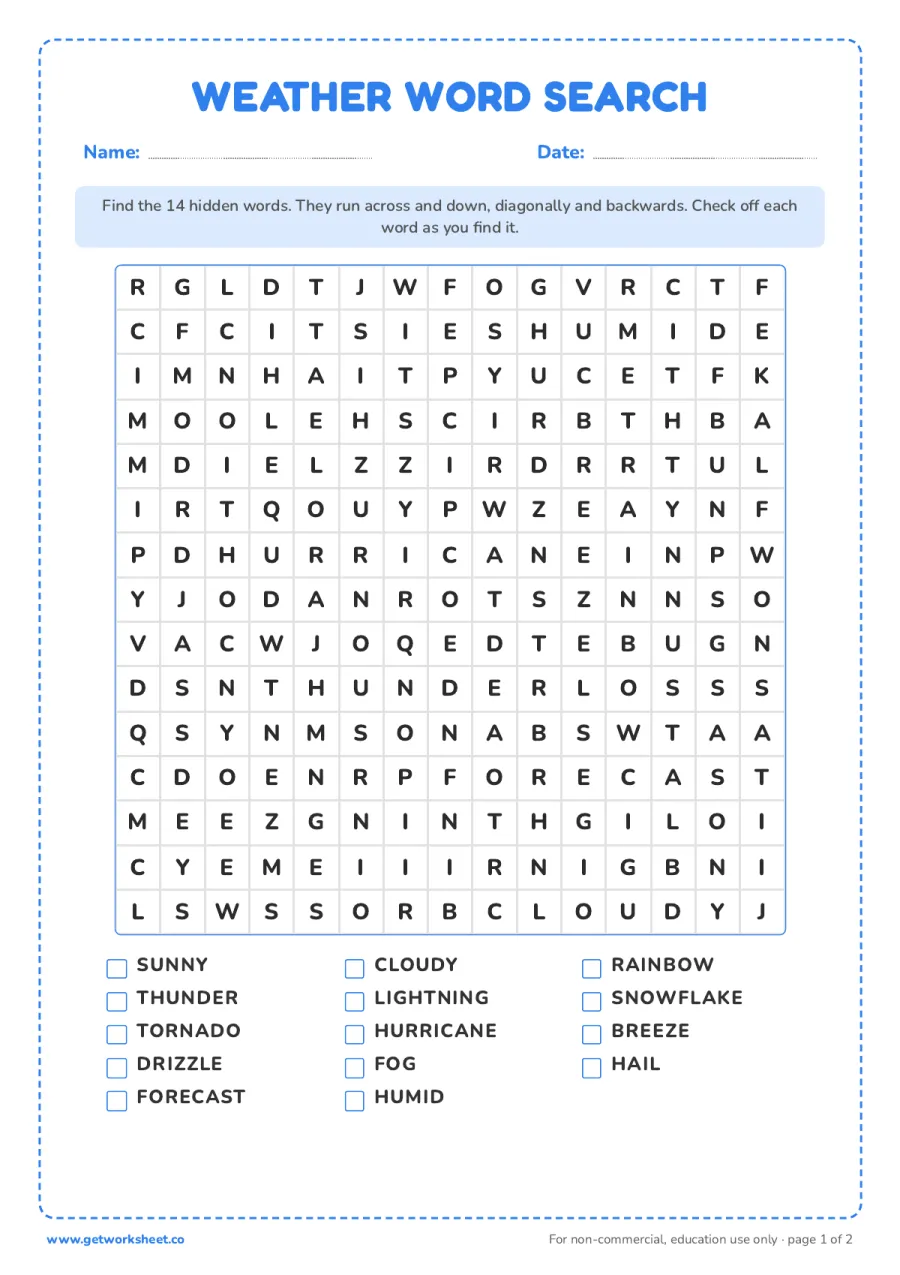 Weather word search (15 x 15, 14 words) – free printable PDF worksheet, page 1 preview (8 free word search printables)