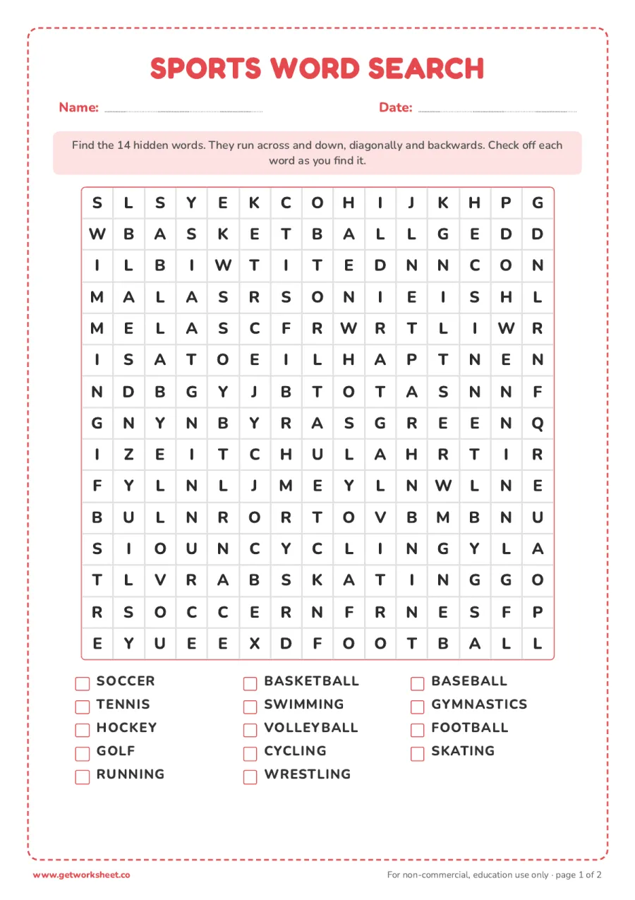 Sports word search (15 x 15, 14 words) – free printable PDF worksheet, page 1 preview (8 free word search printables)