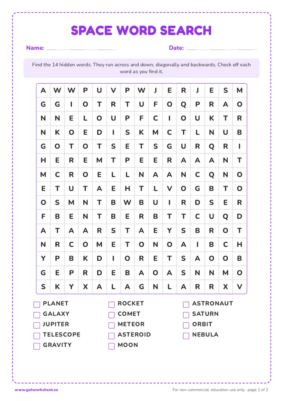 Space word search (15 x 15, 14 words) – free printable PDF worksheet, page 1 preview (8 free word search printables)