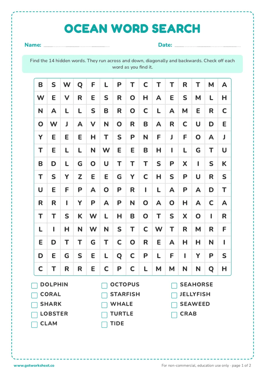 Ocean word search (15 x 15, 14 words) – free printable PDF worksheet, page 1 preview (8 free word search printables)