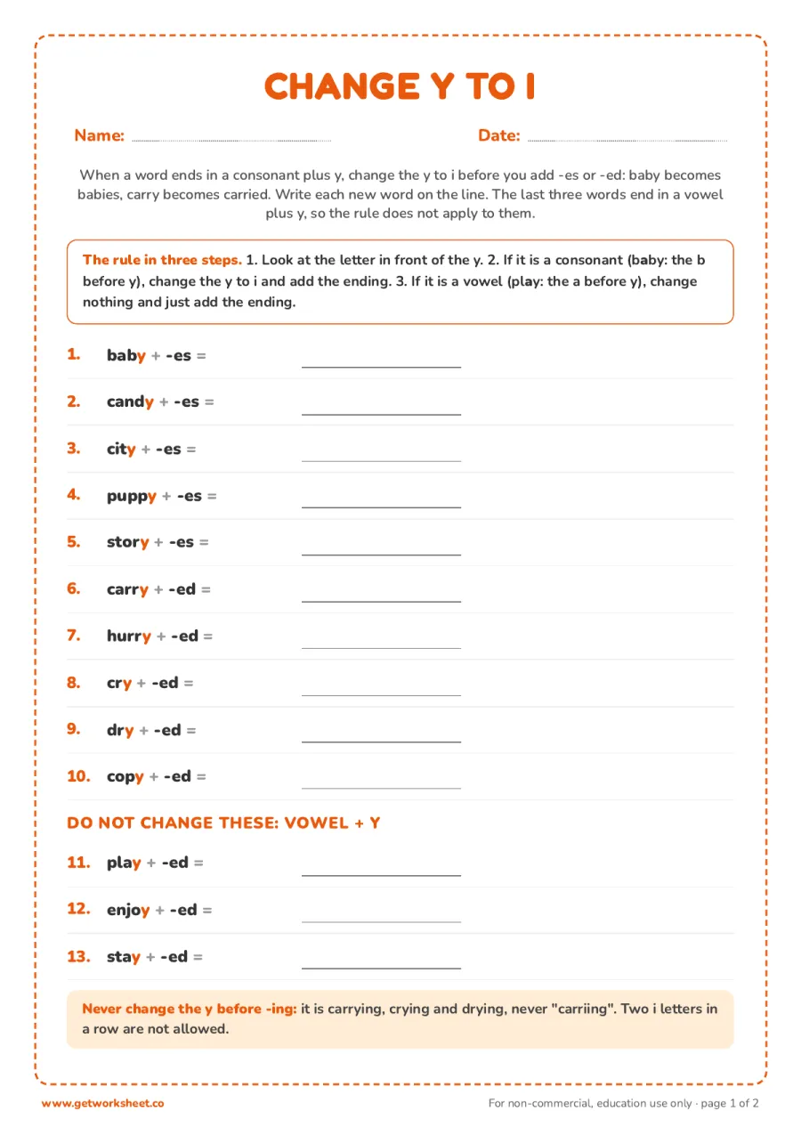 Change y to i before -es and -ed (10 items) Change y to i before -es and -ed (10 items) – free printable PDF worksheet, page 1 preview (8 free y as a vowel worksheets)