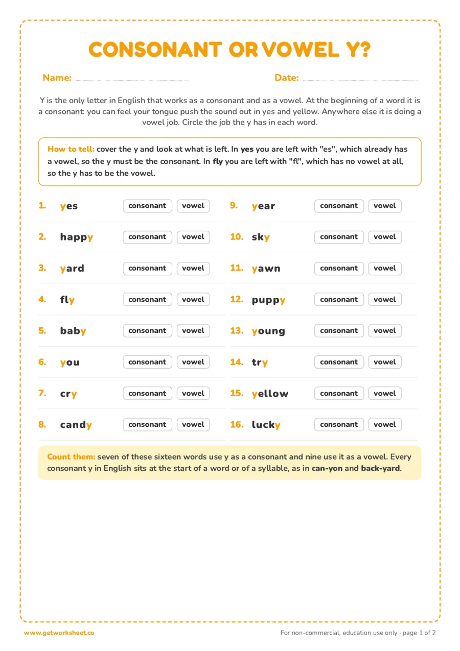 Consonant y or vowel y? 16 words Consonant y or vowel y? 16 words – free printable PDF worksheet, page 1 preview (8 free y as a vowel worksheets)