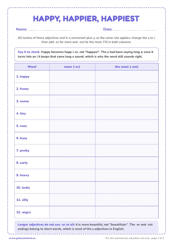 Happy, happier, happiest: 12 adjectives, page 1 preview