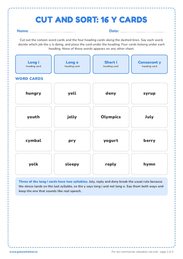 Cut and sort: 16 y word cards, page 1 preview
