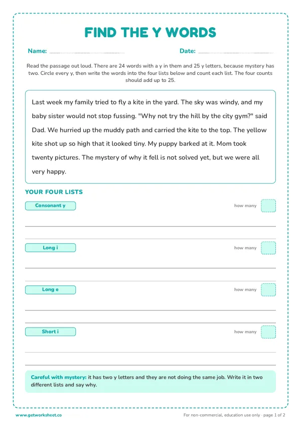 Find the y words: a reading passage, page 1 preview