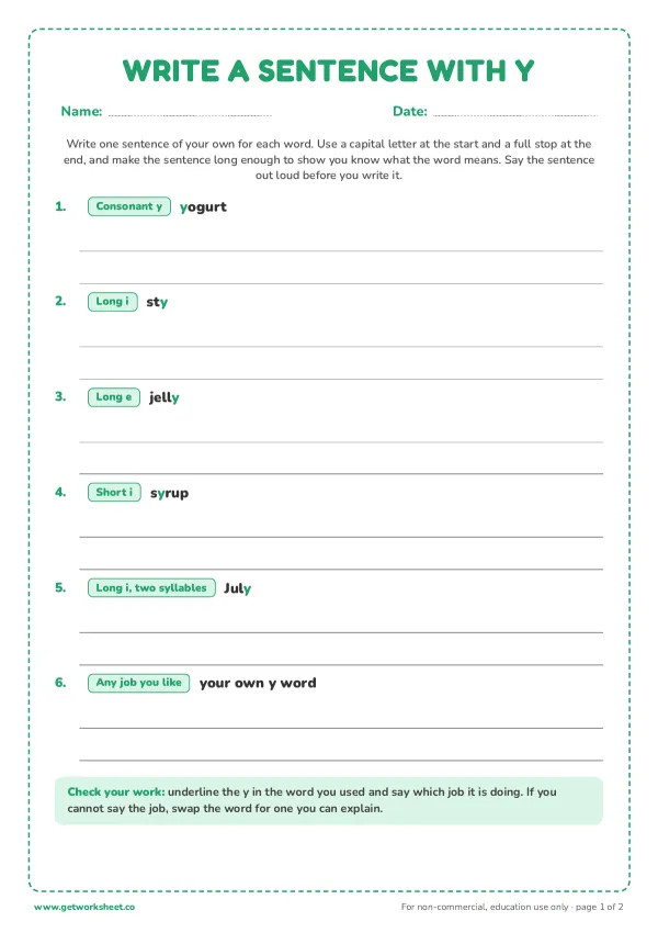 Write a sentence with y: 6 prompts, page 1 preview