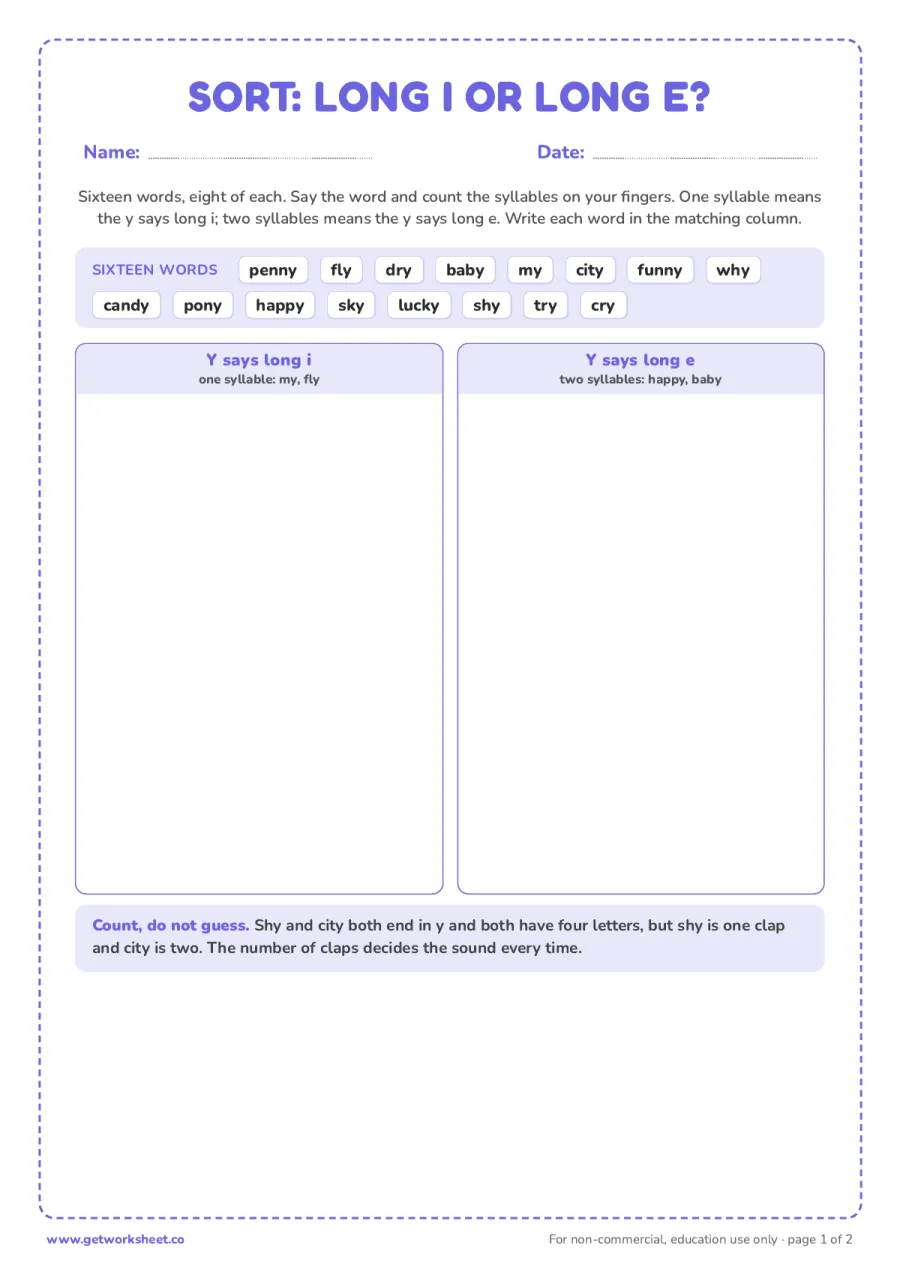 Sort 16 words: long i or long e? Sort 16 words: long i or long e? – free printable PDF worksheet, page 1 preview (8 free y as a vowel worksheets)
