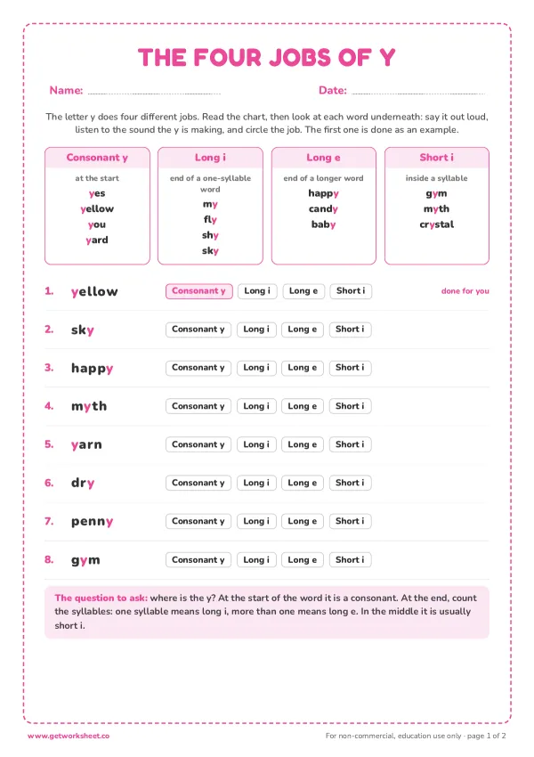 Free y as a vowel worksheets – free printable worksheets preview