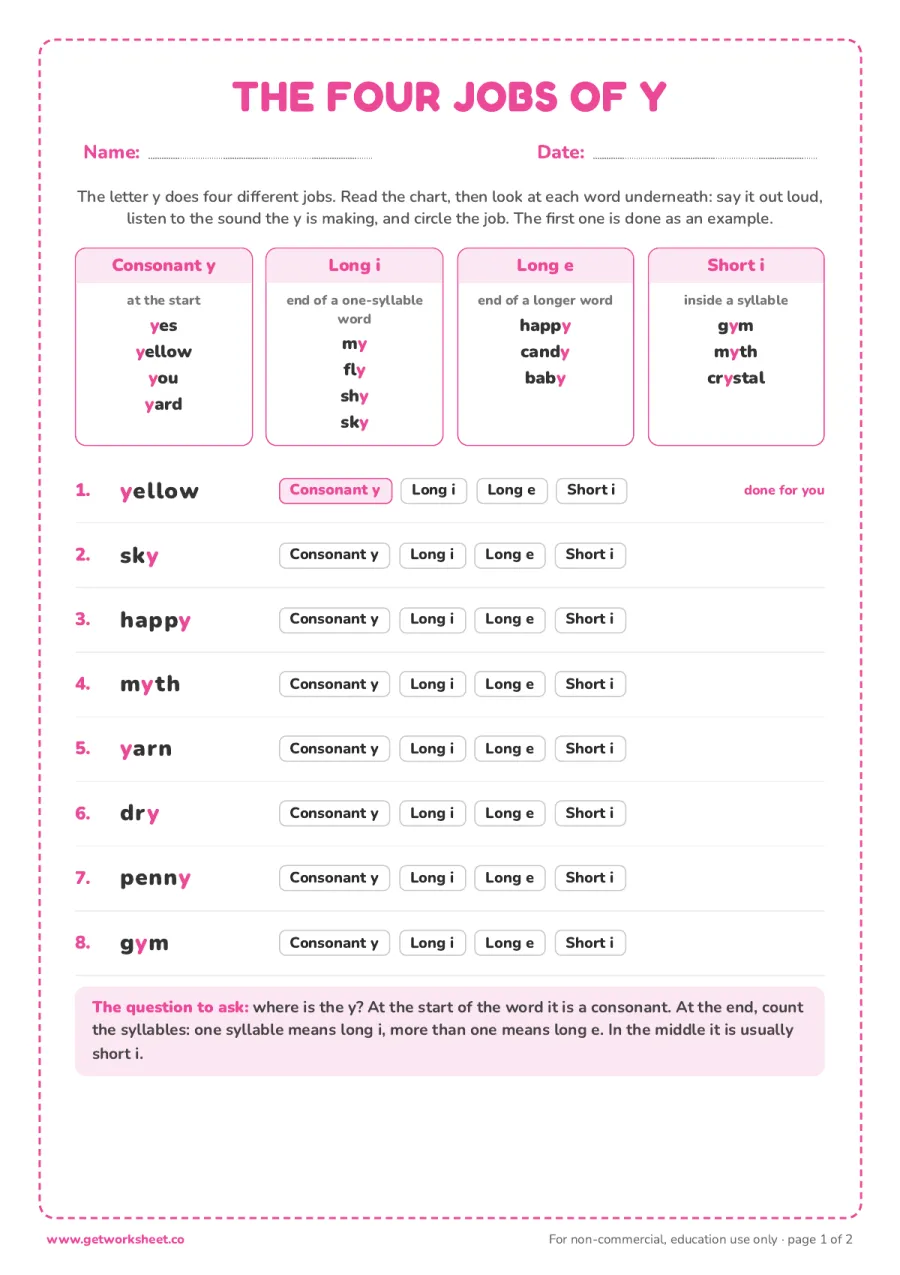 The four jobs of y, with a sorting example The four jobs of y, with a sorting example – free printable PDF worksheet, page 1 preview (8 free y as a vowel worksheets)