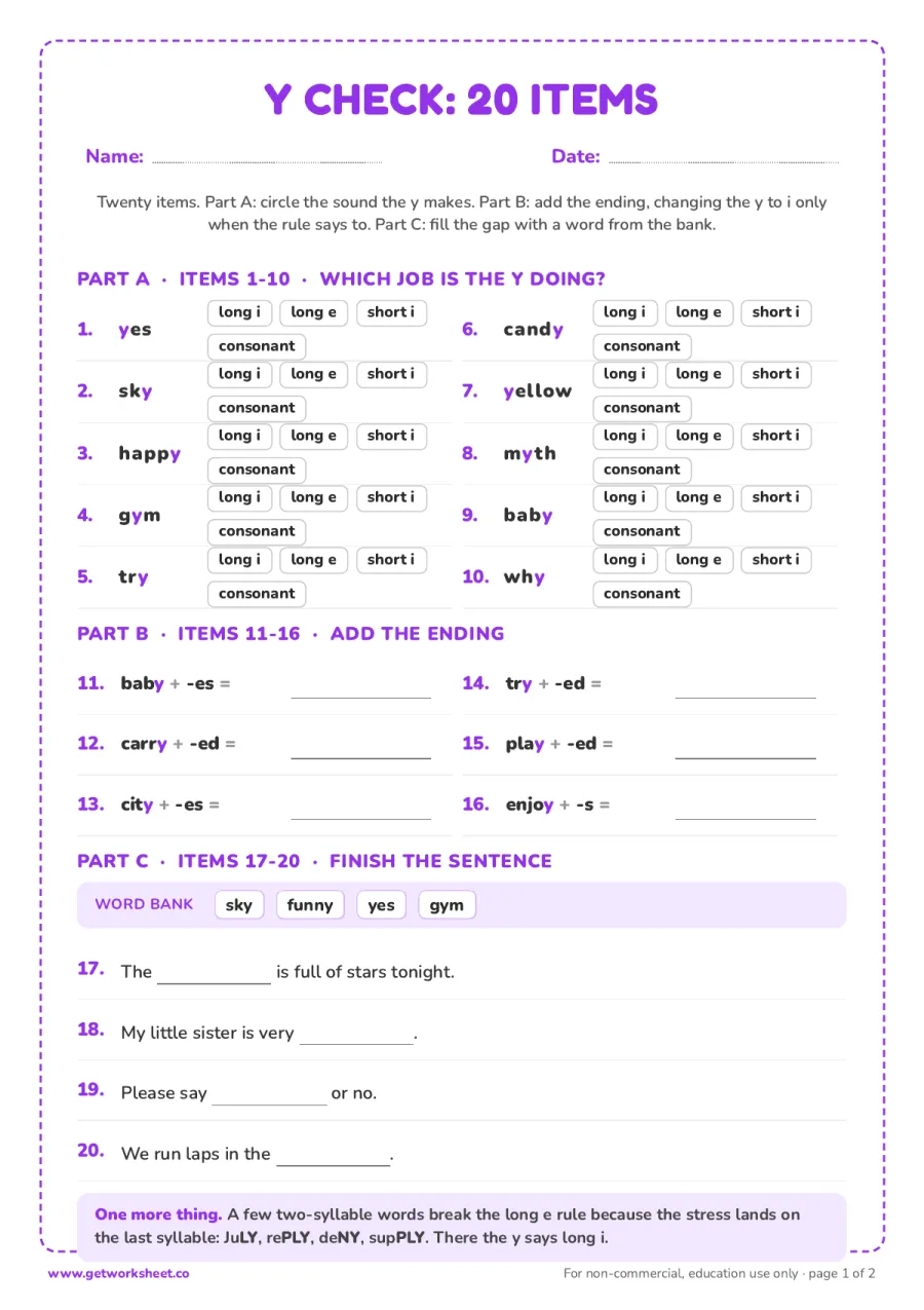 Y as a vowel check: 20 items with answer key Y as a vowel check: 20 items with answer key – free printable PDF worksheet, page 1 preview (8 free y as a vowel worksheets)