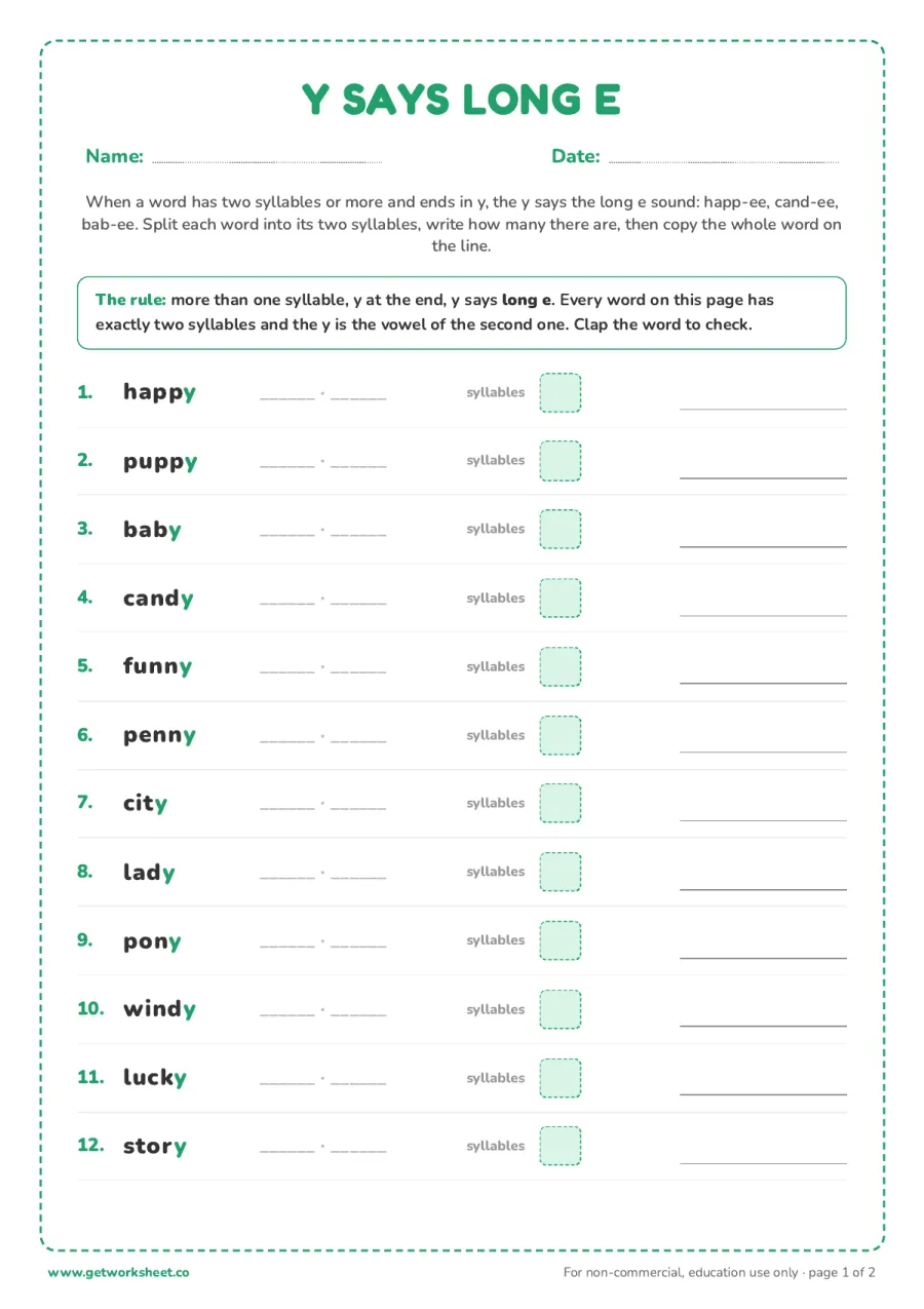 Y says long e: 12 two-syllable words Y says long e: 12 two-syllable words – free printable PDF worksheet, page 1 preview (8 free y as a vowel worksheets)
