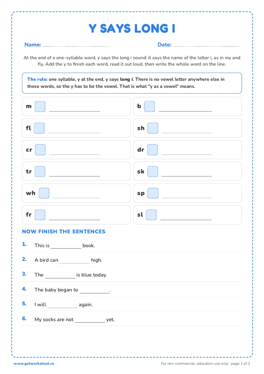 Y says long i: 12 one-syllable words Y says long i: 12 one-syllable words – free printable PDF worksheet, page 1 preview (8 free y as a vowel worksheets)