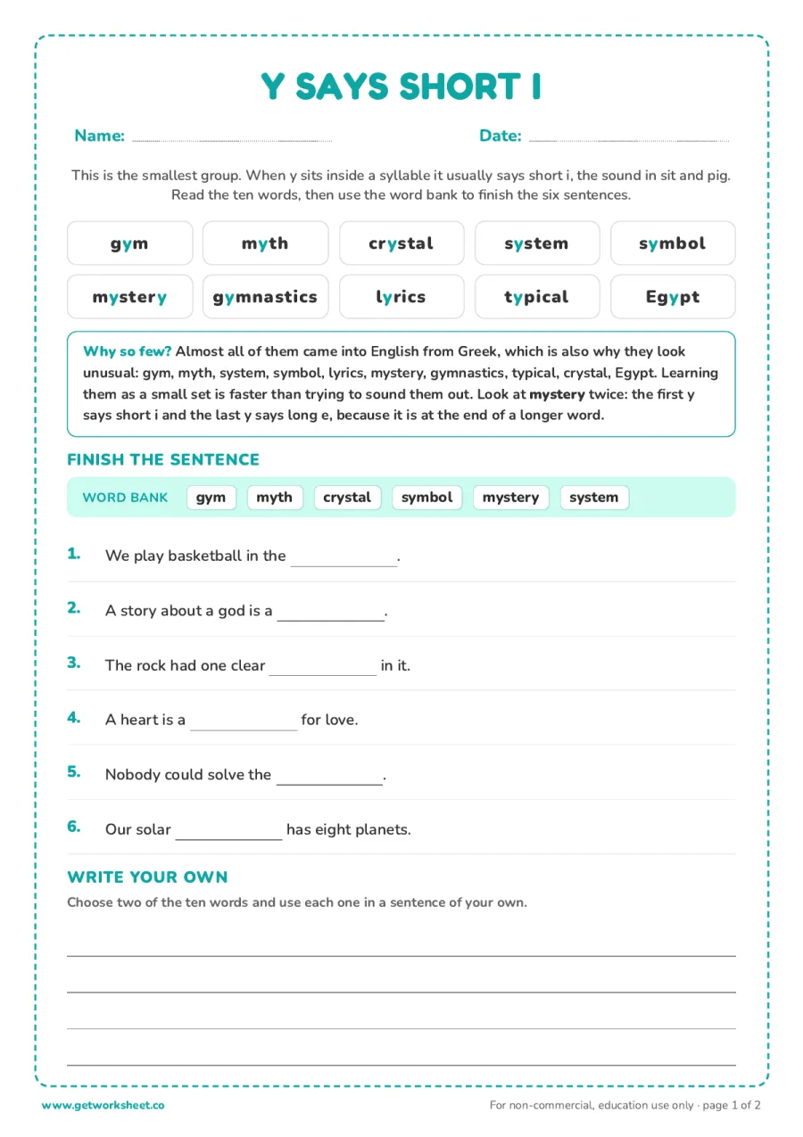 Y says short i: gym, myth, crystal Y says short i: gym, myth, crystal – free printable PDF worksheet, page 1 preview (8 free y as a vowel worksheets)